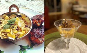 Frango ao molho de mel e shoyu com cuscuz marroquino e Crumble de maçãs